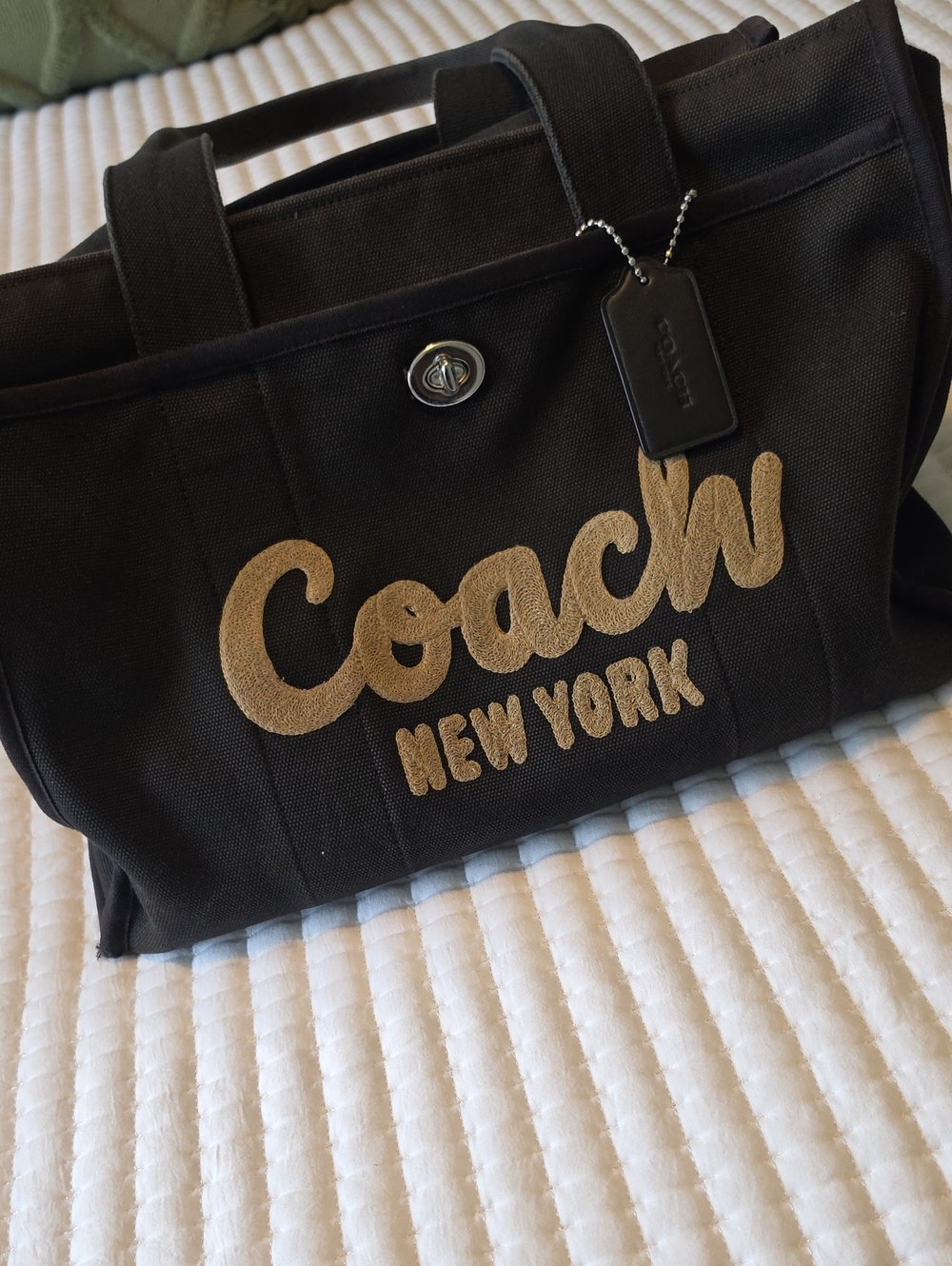 Coach Black Cargo 42 Tote with Tan Logo Script
